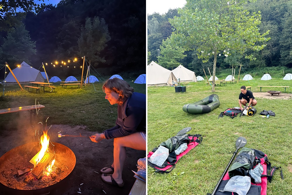 A preparar o equipamento de packrafting no campo base da Packraft Travel na Alemanha